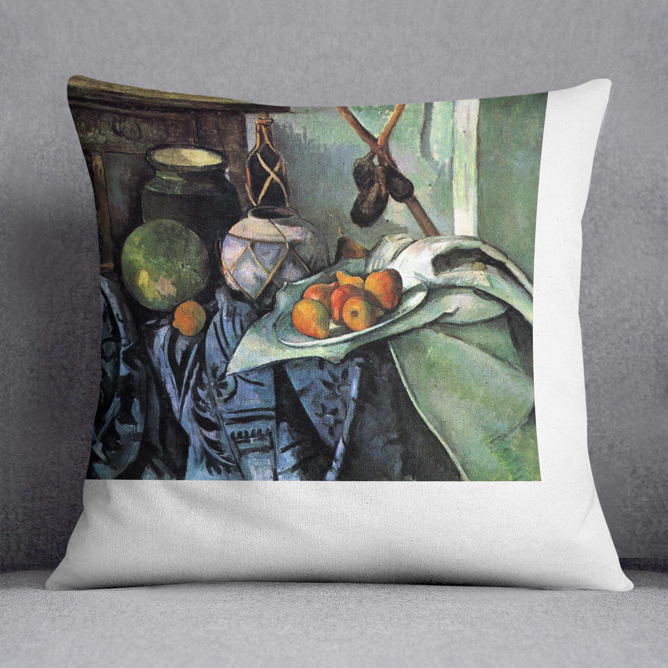 Still Life with Eggplant by Cezanne Cushion featuring vibrant colors on luxurious vegan faux suede, perfect for home decor.